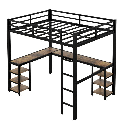 Twin XL Metal Loft Bed With Desk And Shelves, Loft Bed With Ladder And Guardrails, Loft Bed Frame For Bedroom, Black