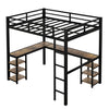 Twin XL Metal Loft Bed With Desk And Shelves, Loft Bed With Ladder And Guardrails, Loft Bed Frame For Bedroom, Black