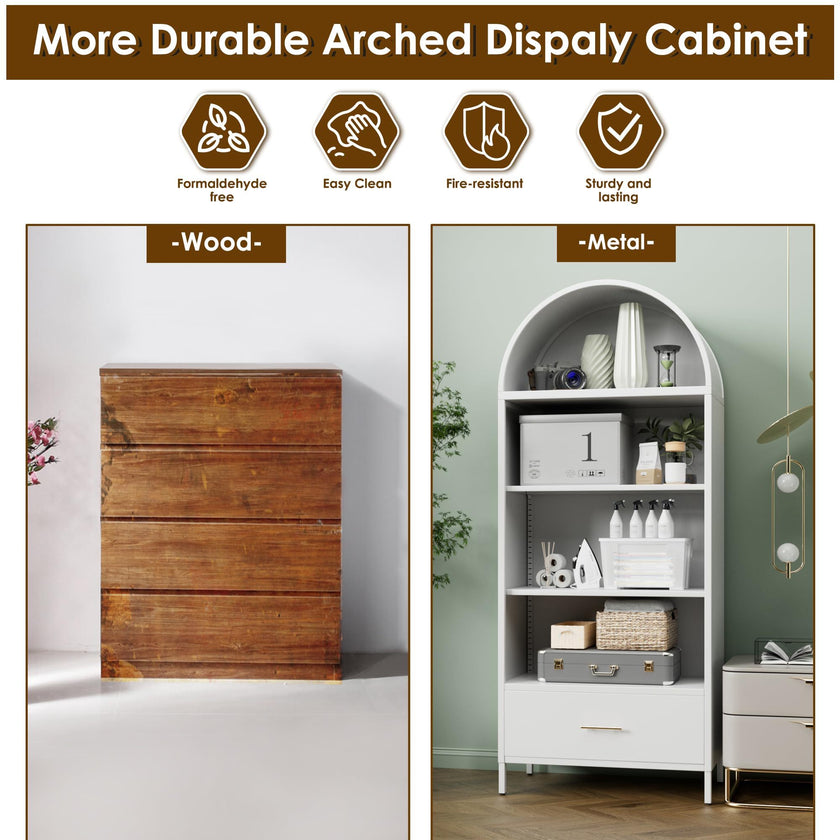 72.83inch H Metal Arched Bookshelf Cabinets,Arch Bookshelf With Drawer For Home Office, Assemble Require, White