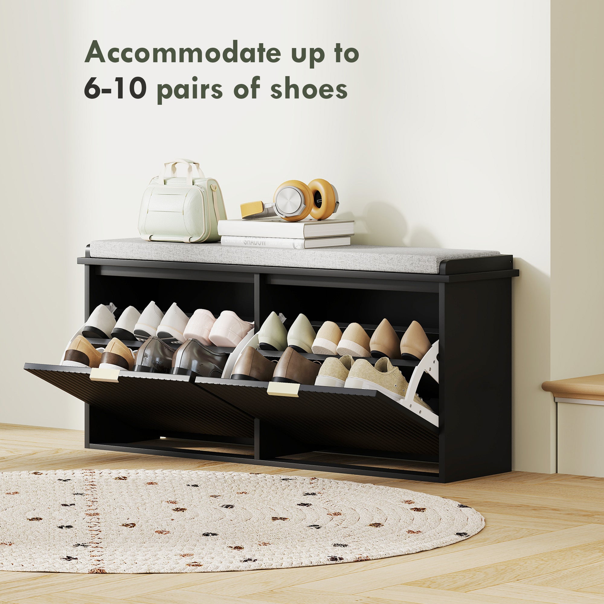 Shoe Storage Bench With Padded Seat Cushion And Flip-Drawer, Entryway Bench, Shoe Cabinet, 40.9x10.2x18.7 Inches, Black