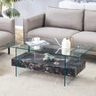 43.3 Inch Modern Two-Tier Coffee Table - Clear Tempered Glass And Black Marble Texture, Multifunctional Storage Design.The Bottom Tier Includes A Drawer.Can Be Used As A Coffee Table,side Table,etc