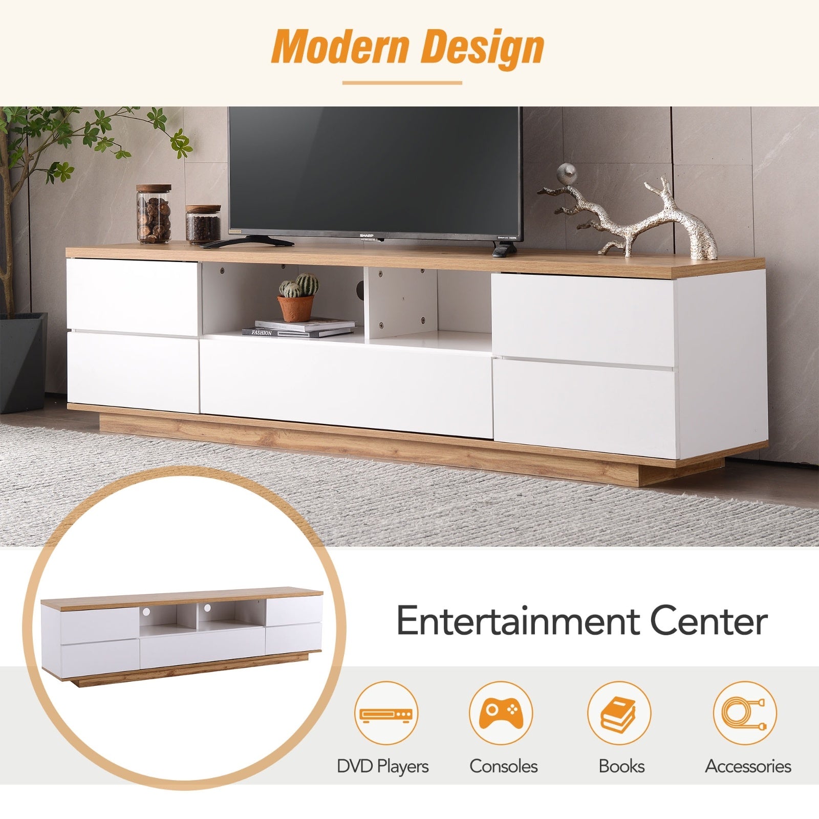 Modern TV Stand For Up To 80'' TVs, Media Console With Multi-Functional Storage