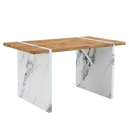 Natural Wood Grain MDF Dining Table   55x31.5 Stable Design.Suitable For Various Modern Home Decor Styles.Splicing Structure Design,Wood Textured Desktop,White Marble Patterned Table Legs
