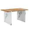 Natural Wood Grain MDF Dining Table   55x31.5 Stable Design.Suitable For Various Modern Home Decor Styles.Splicing Structure Design,Wood Textured Desktop,White Marble Patterned Table Legs