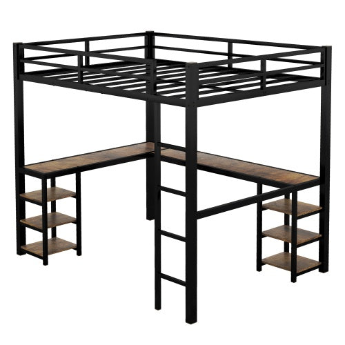 Twin XL Metal Loft Bed With Desk And Shelves, Loft Bed With Ladder And Guardrails, Loft Bed Frame For Bedroom, Black
