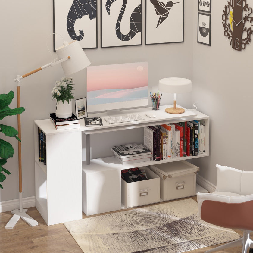 L-Shaped Desk 55 360 Rotating White Corner Computer Workstation With Storage
