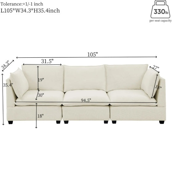 2-Piece Chenille Fabric Upholstered Living Room Furniture Set, Including 3-Seater Sofa And Loveseat Sofa With Seat And Back Cushion Beige White