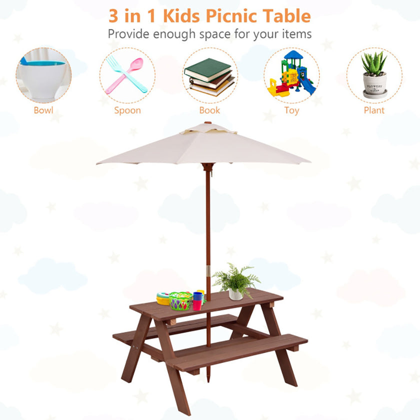 Outdoor 4-Seat Kids Picnic Table Bench Set With Removable Umbrella