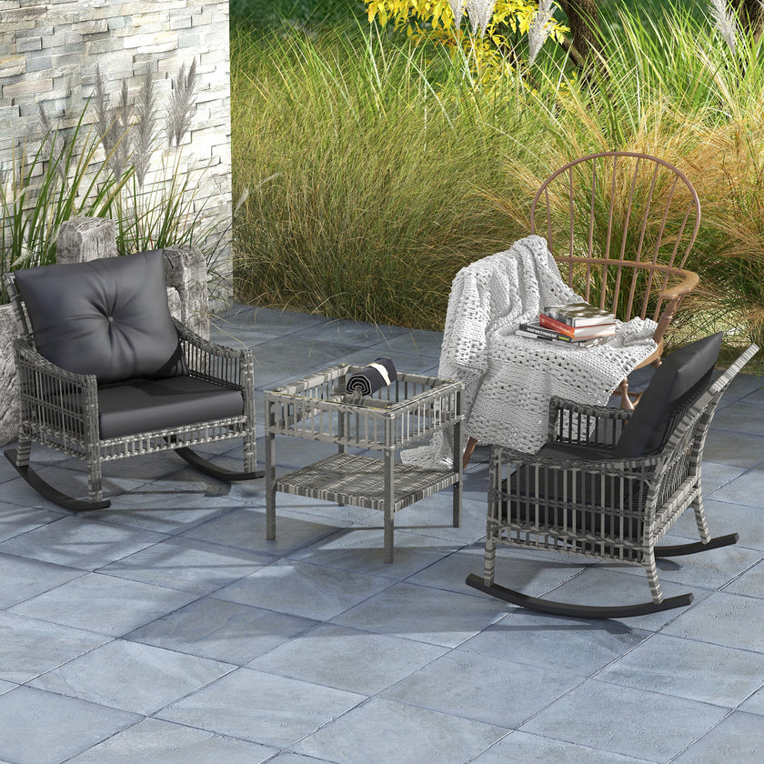 3 Piece Outdoor PE Rattan Rocker Chair Set, Rocking Chair With Tempered Glass Table Top, Gray