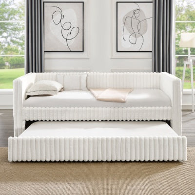 Twin Size Daybed, Upholstered Sofa Bed,The Bottom Pulls Out To Form A Bed ,Striped Corduroy Fabric- Beige 86x43.5x34