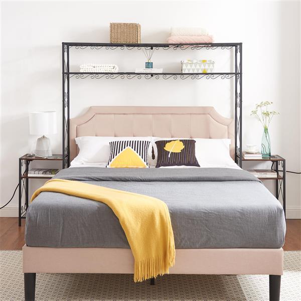Queen Size Bed Frame With 2 Nightstands, Headboard With Locker, Easy To Assemble, Suitable For Bedrooms