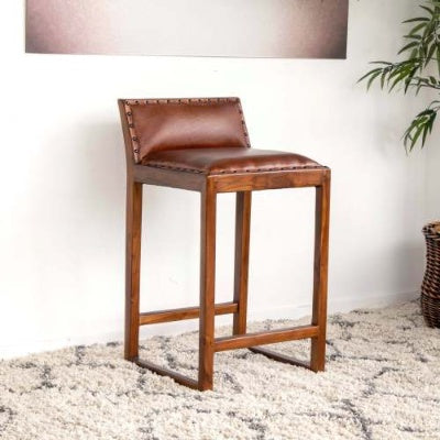 Gavin Mid-Century Modern 25'' Solid Wood Genuine Leather Counter Stool In Tan 31-Inch