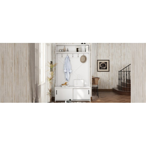 Hall Tree With Top Shelf And Storage Bench, Hallway Shoe Cabinet With Sliding Doors, Coat Rack With 5 Hanging Hooks For Entryways Hallways