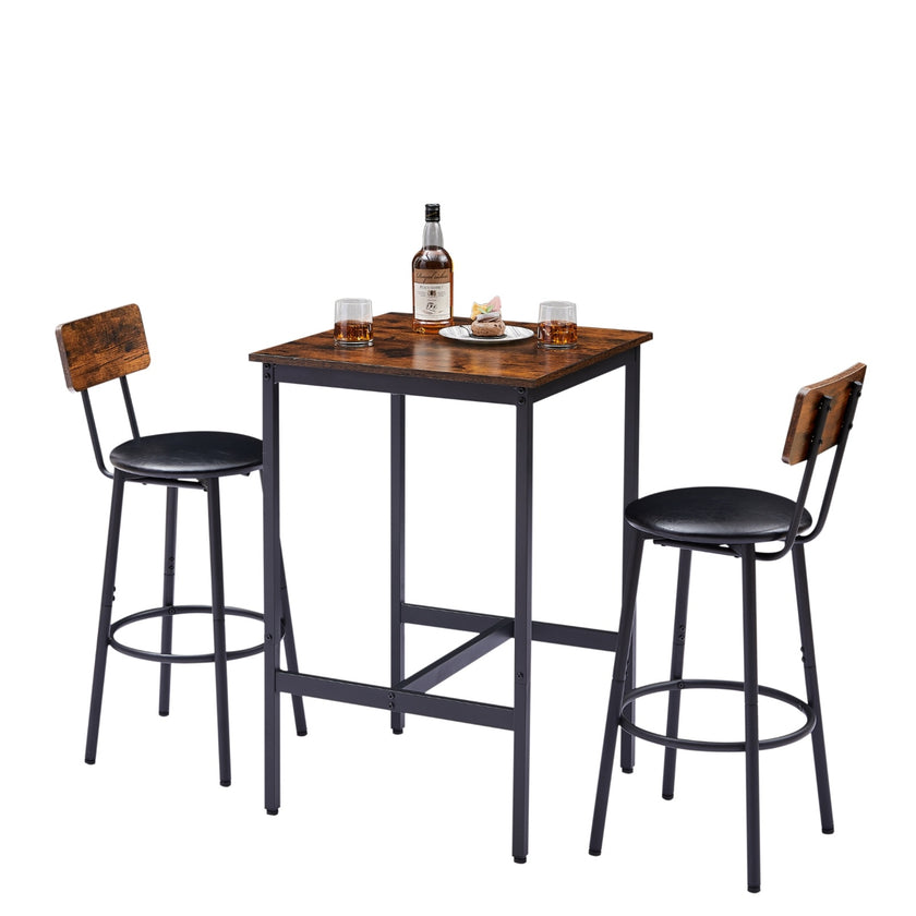 Bar Table Set With 2 Stools, PU Seat   Backrest, Rustic Brown, 23.62 W X 35 H
