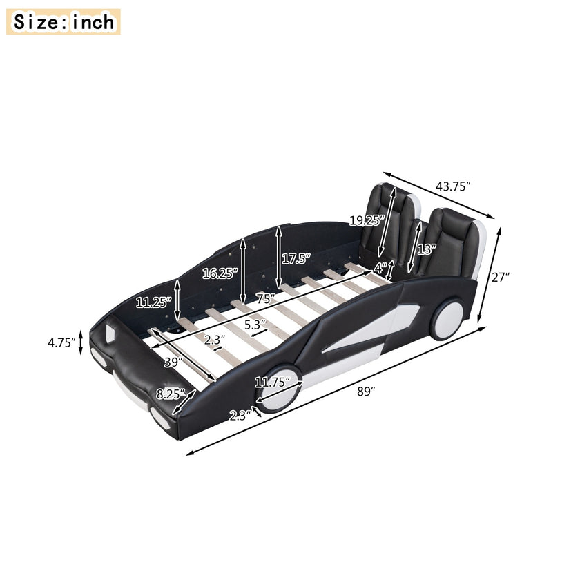 Twin Size Race Car-Shaped Platform Bed With Wheels, Black