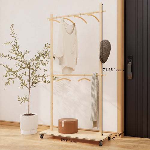 Solid Wood Garment Clothes Rack With 6 Wooden Hangers, Space-Saving Design, Adjustable Shelf, And Wheels For Easy Mobility  Perfect For Bedroom, Living Room, Or Entryway
