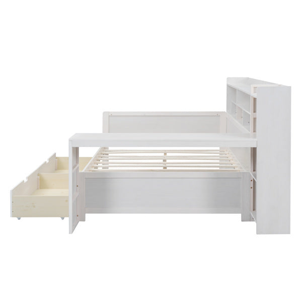 Wooden Full-size Sofa Bed With Storage Rack, Multifunctional Bed With Two Storage Drawers And Desk, Antique White