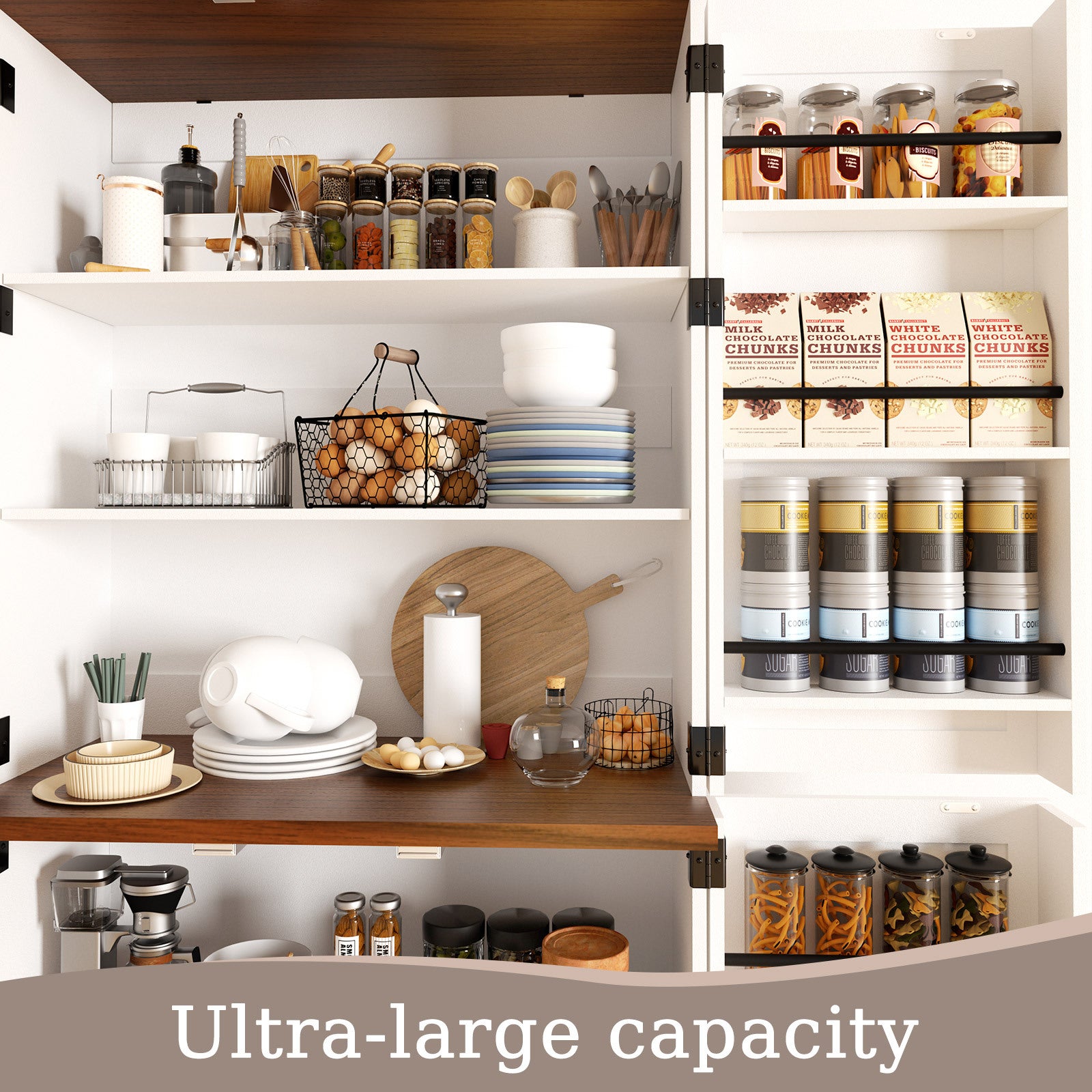 Tall Wooden Storage Cabinet With 4 Barn Doors, Adjustable Shelves And 12 Door Shelves 5-Tier Kitchen Pantry Storage Cabinet