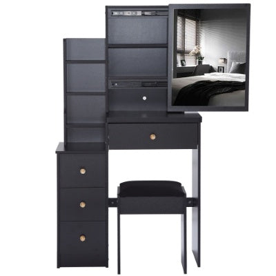 29.2 Small Space Left Bedside Cabinet Vanity Table   Cushioned Stool, Extra Large Right Sliding Mirror  Multi Layer High Capacity Storage, Practical Fashionable Dresser Suitable For Small Space