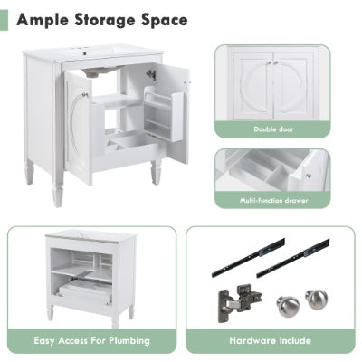 30 No Assembly Needed Vintage White Bathroom Vanity With Ceramic Sink,Two Soft Close Doors  Adjustable Shelf,Modern Farmhouse Style