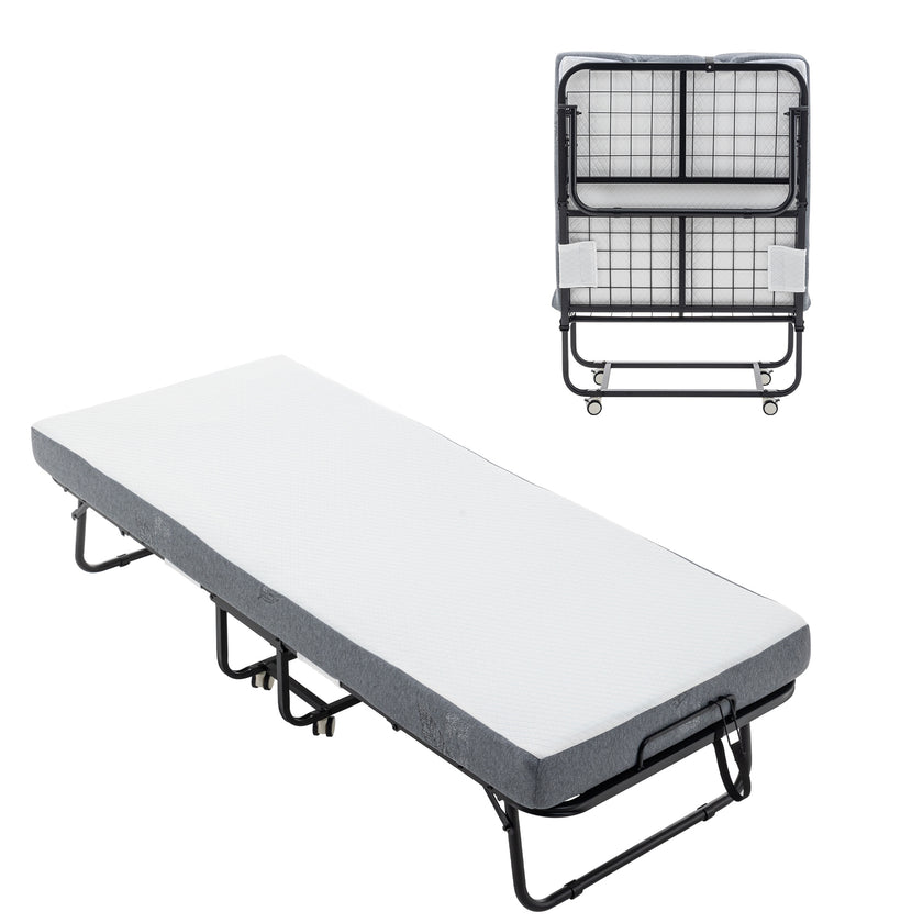 Folding Bed Cot With Mattress For Adults,  Foldable Metal Frame Bed For Guest With Memory Foam Mattress On Wheels, Saving Space Rollaway Bed