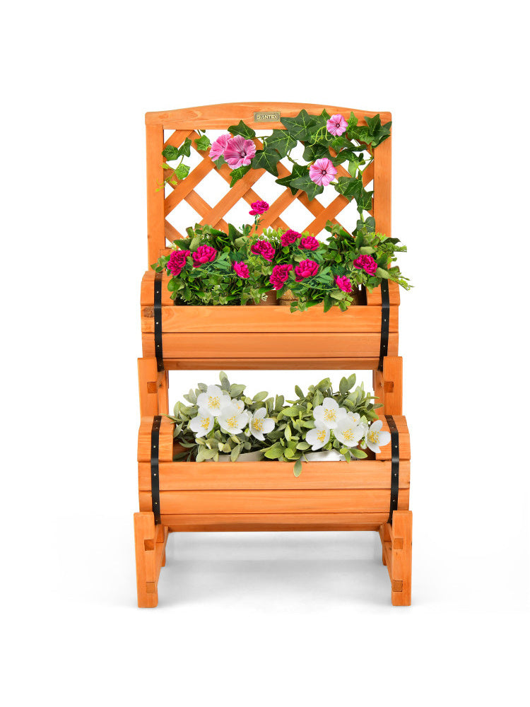 Wooden 2-Tier Raised Garden Bed With 2 Cylindrical Planter Boxes And Trellis