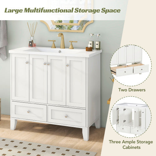 36  Bathroom Vanity With Resin Sink Combo,Solid Wood Frame Bathroom Storage Cabinet, Freestanding Vanity Set With 4 Soft Closing Doors 2 Drawers