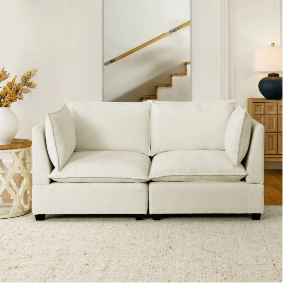 Modern Chenille Comfy Upholstered 2-Seat Sofa With 2 Lumbar Pillow, Deep Seat Sofa Sleeper For Living Room, Apartment, Office, Studio Beige White, 2-Seat