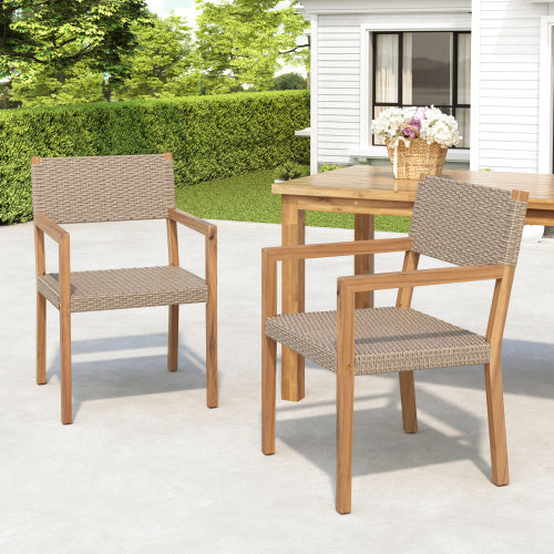 Outdoor Dining Chairs Set Of 2, Light Teak Acacia Wood Frame And Multi Light Brown PE Wicker, Ideal For Patios, Gardens
