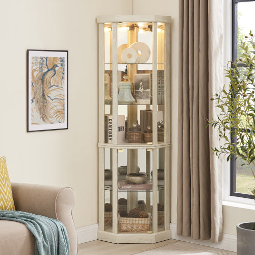 Corner Lighted Curio Cabinet Corner Glass Cabinet Lighted Curio Cabinet Corner Display Case For Living Room, Curio Cabinet, Antique Collection, Wine,Bar Glass Storage Light Included,Dark Cherry