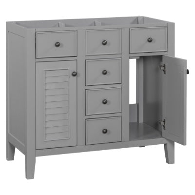 36 Bathroom Vanity Without Sink, Cabinet Base Only, Two Cabinets And Five Drawers, Solid Wood Frame, Grey