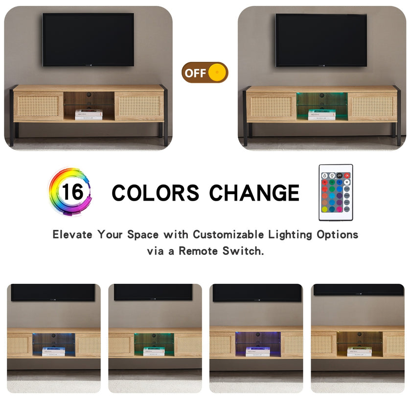 54.33  Rattan TV Cabinet With Color Light Strip   Double Sliding Doors