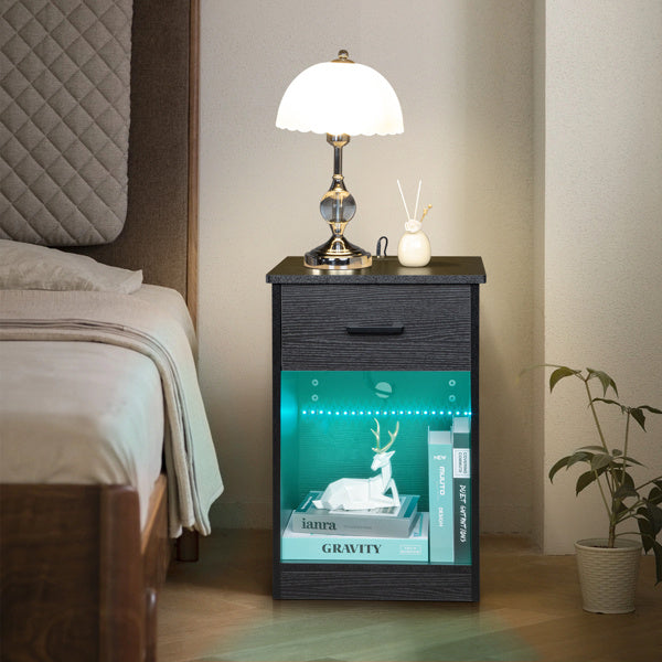 Black Single Drawer Bedside Table With Socket And LED Light