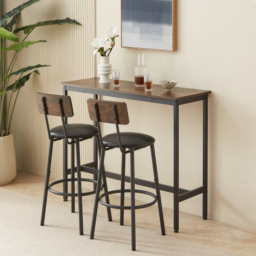 Bar Table Set With 2 Bar Stools PU Soft Seat With Backrest, Rustic Brown