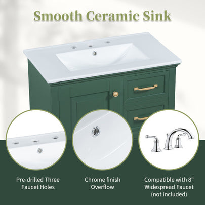 30 Bathroom Vanity With Sink, One Package, Green Bathroom Cabinet With Drawers, Solid Frame And MDF Board