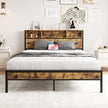 Full Size Bed Frame With Storage Headboard, Metal Platform Bed With Charging Station, Bookcase Storage, No Box Spring Needed, Easy Assembly, Noise-Free, Black