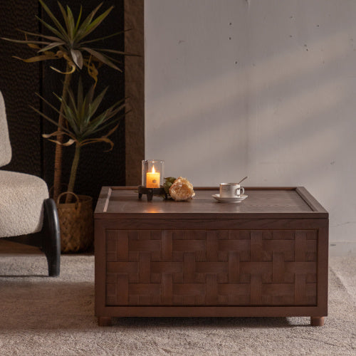 Farmhouse Coffee Table With Storage, Large Square Coffee Table For Living Room, Brown