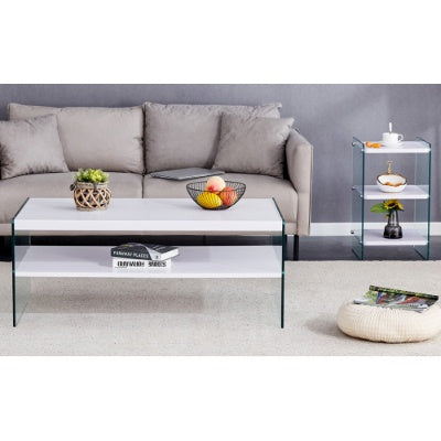 Double Rectangular Coffee Table. The Board Surface Is MDF, With White Stickers, And Both Sides Are Transparent Tempered Glass. Suitable For Living Room, Bedroom And Other Occasions