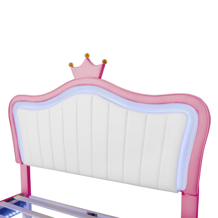Full Size Upholstered Bed Frame With LED Lights & Crown Headboard