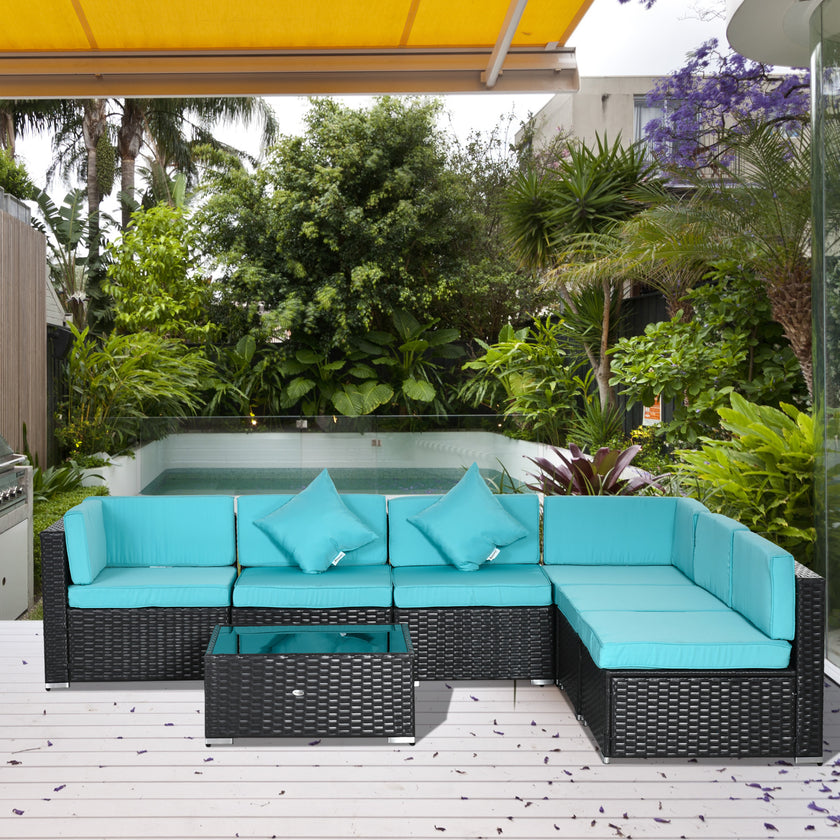 7-Piece Wicker Patio Conversation Set With Cushions & Glass Table, Turquoise