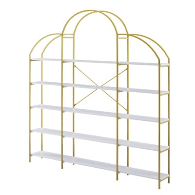 74.8 Inch 5 Tiers Office Bookcase Bookshelf, Display Shelf With Round Top, X Bar Gold Frame