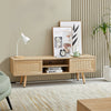 55.12  Rattan TV Cabinet With Sliding Doors  Adjustable Shelf   Solid Wood Legs