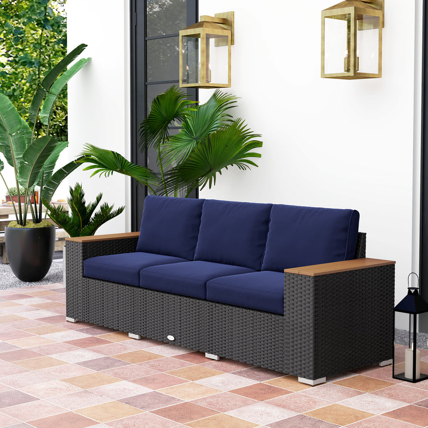 3-Seat Outdoor Patio Sofa With Cushions, PE Rattan Wicker Sofa With Wide Armrests, Outdoor Wicker Couch, Navy Blue