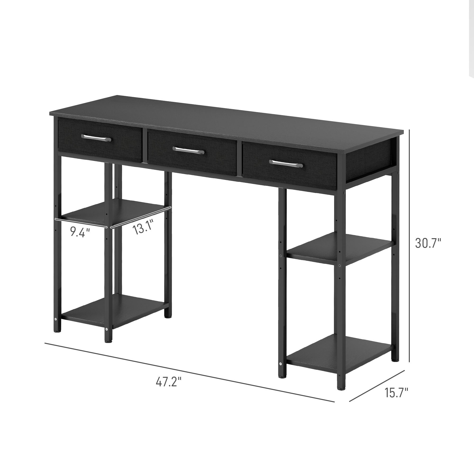47 Small Computer Desk, Writing Desk With Fabric Drawers, Home Office Desk With Adjustable Shelves, Black