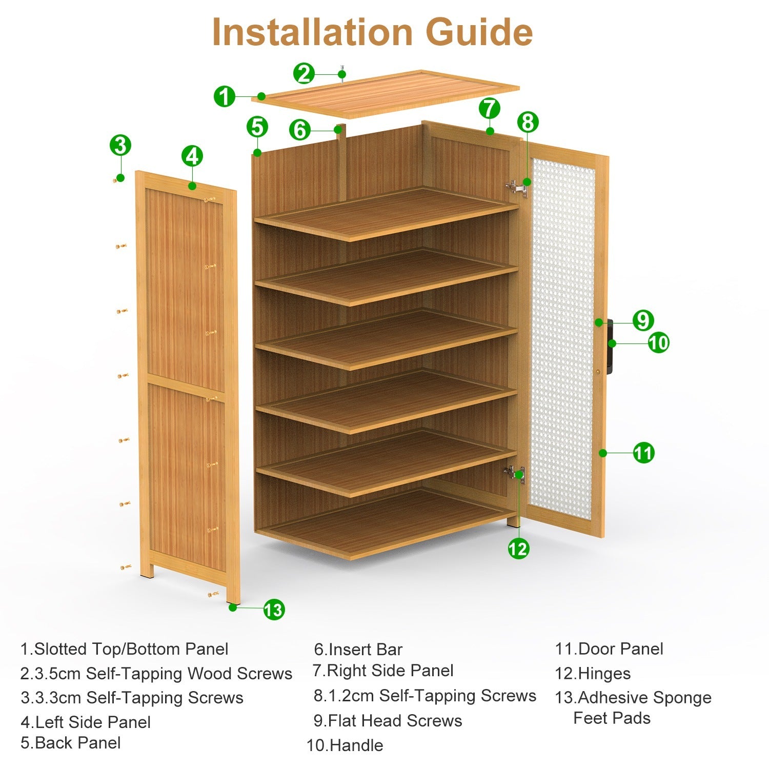 1Pc 6Tier Shoe Cabinet With Bamboo Shoe Rack Freestanding Shoe Organizer With 2 Hollow Doors And Handles 154lbs Max Load For Closet Hallway Living Room