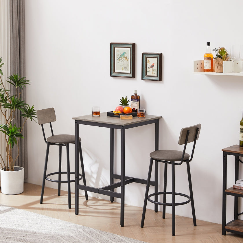 Bar Table Set With 2 Stools, PU Soft Seat & Backrest, Grey, 23.62 W X 35.4 H