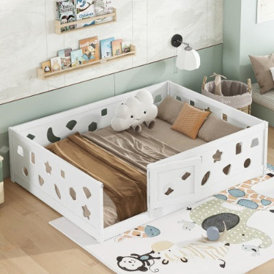 Full Size Floor Bed With Heightened Safety Guardrails And Door, Solid Wood Bedframe With Rails For Girls, Boys, Teens, Child Bedroom, Kids Playroom, No Slats Included, White
