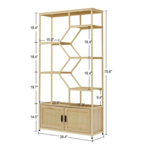 Bookshelves In Rattan, 7-tier Bookcase Storage Shelves For Living Room, Home Office, Natural Color