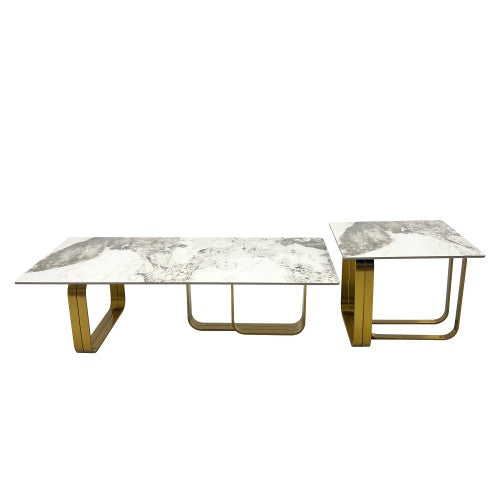 Modern Rectangular Coffee Table Set With Sintered Stone Top, Gold Metal Frame, For Bedroom, Living Room