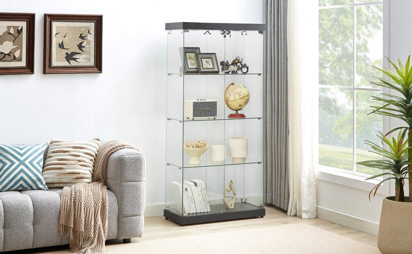 4-Tier Glass Display Cabinet, Double Door Glass Cabinet, Four Partitions, Two Locks, Floor Standing